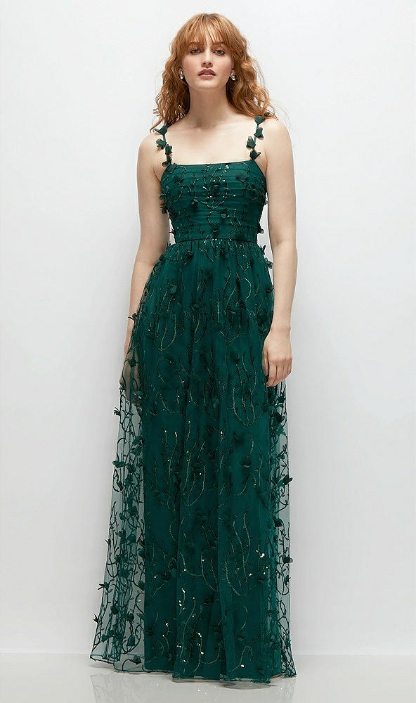 Front View - Evergreen Shirred 3D Sequin Embroidery Floral Maxi Dress with Petal-Adorned Straps