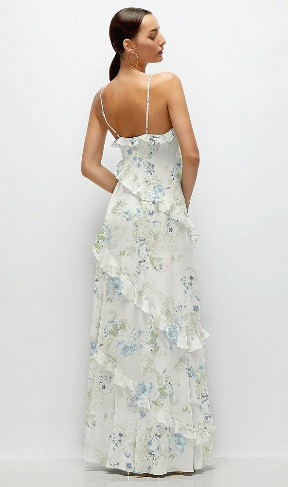 Back View - Bleu Garden Asymmertical Ruffle Chiffon Bias Slip Maxi Dress