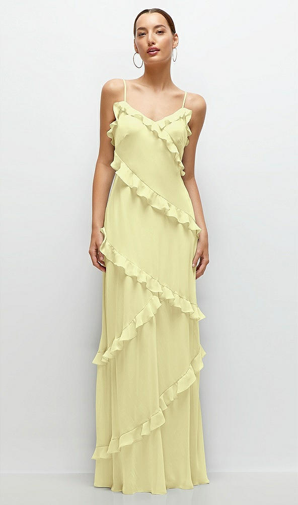 Front View - Butter Yellow Asymmertical Ruffle Chiffon Bias Slip Maxi Dress