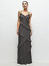 Front View Thumbnail - Caviar Gray Asymmertical Ruffle Chiffon Bias Slip Maxi Dress