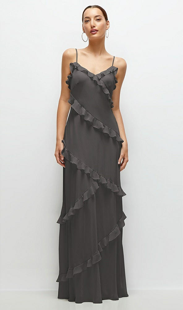 Front View - Caviar Gray Asymmertical Ruffle Chiffon Bias Slip Maxi Dress