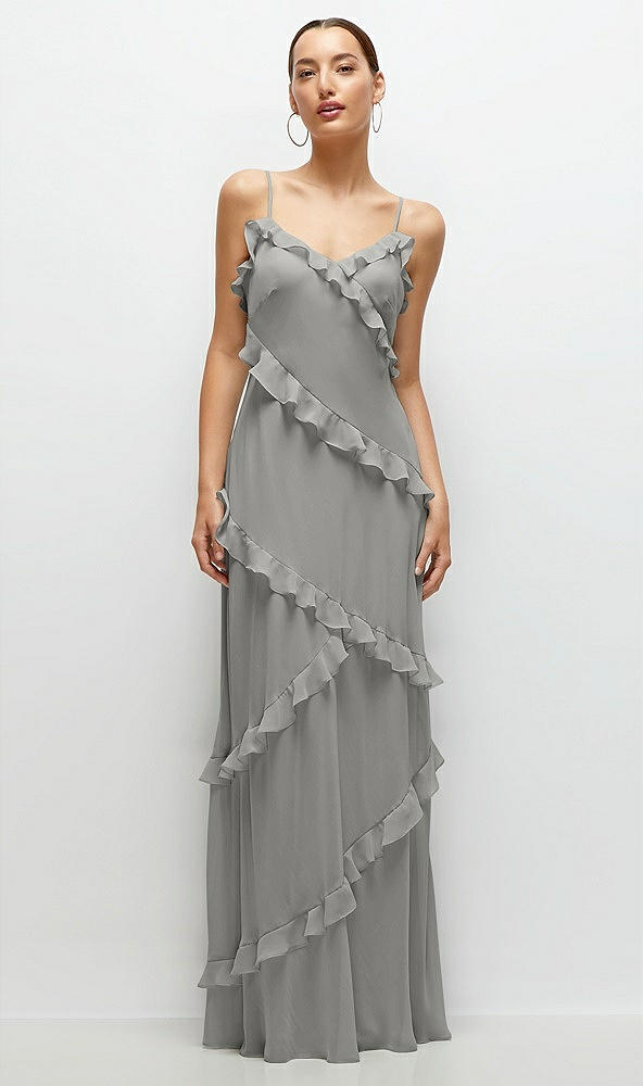 Front View - Chelsea Gray Asymmertical Ruffle Chiffon Bias Slip Maxi Dress