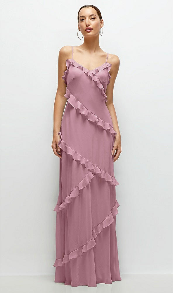 Front View - Dusty Pink Asymmertical Ruffle Chiffon Bias Slip Maxi Dress