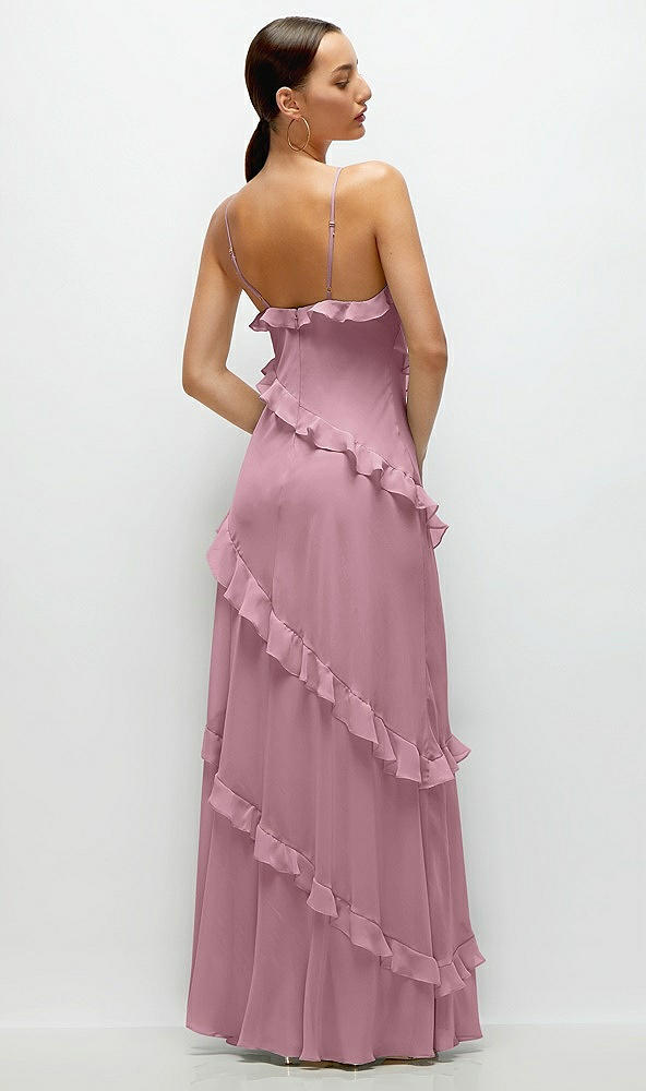 Back View - Dusty Pink Asymmertical Ruffle Chiffon Bias Slip Maxi Dress