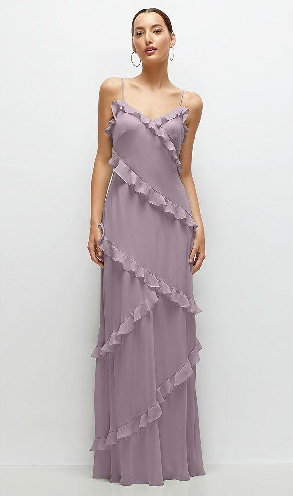 Front View - Lilac Dusk Asymmertical Ruffle Chiffon Bias Slip Maxi Dress