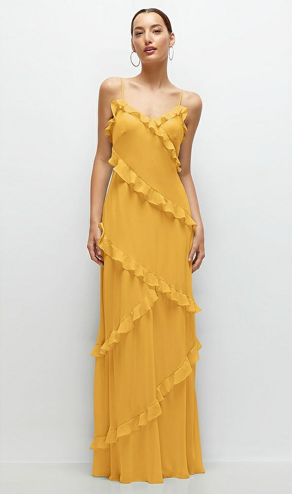 Front View - NYC Yellow Asymmertical Ruffle Chiffon Bias Slip Maxi Dress