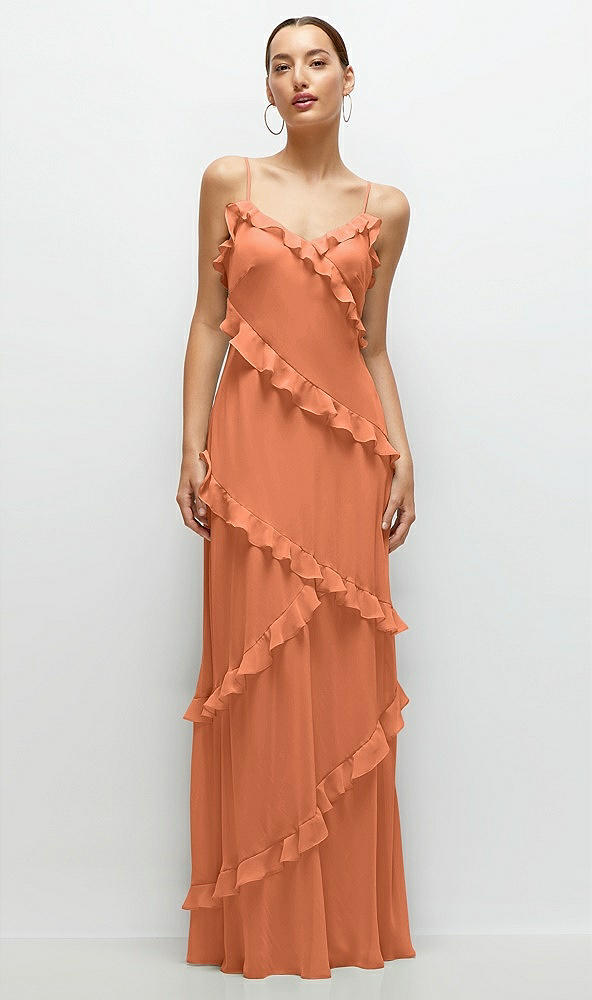 Front View - Sweet Melon Asymmertical Ruffle Chiffon Bias Slip Maxi Dress