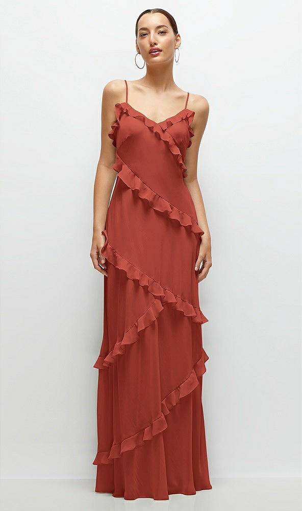 Front View - Amber Sunset Asymmertical Ruffle Chiffon Bias Slip Maxi Dress