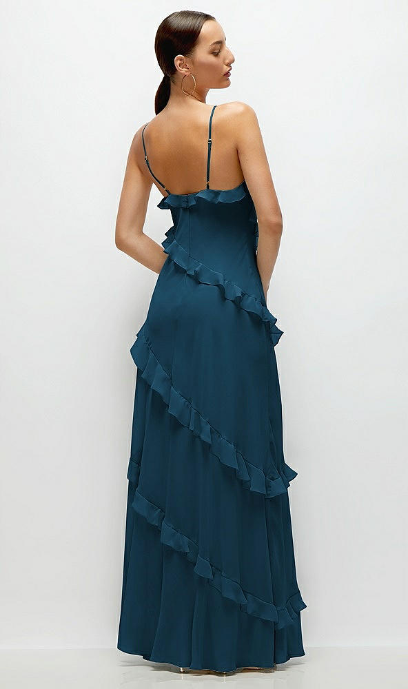 Back View - Atlantic Blue Asymmertical Ruffle Chiffon Bias Slip Maxi Dress