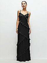 Front View Thumbnail - Black Asymmertical Ruffle Chiffon Bias Slip Maxi Dress