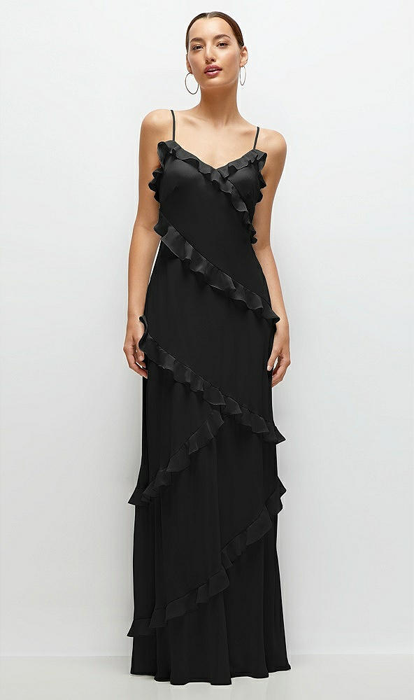 Front View - Black Asymmertical Ruffle Chiffon Bias Slip Maxi Dress