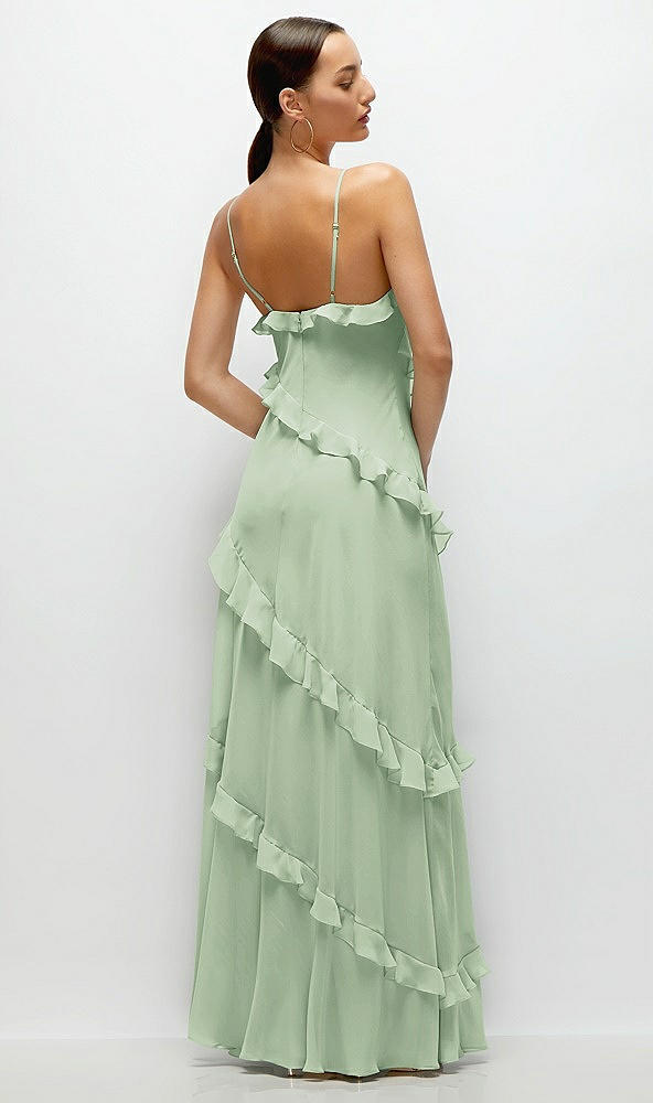 Back View - Celadon Asymmertical Ruffle Chiffon Bias Slip Maxi Dress