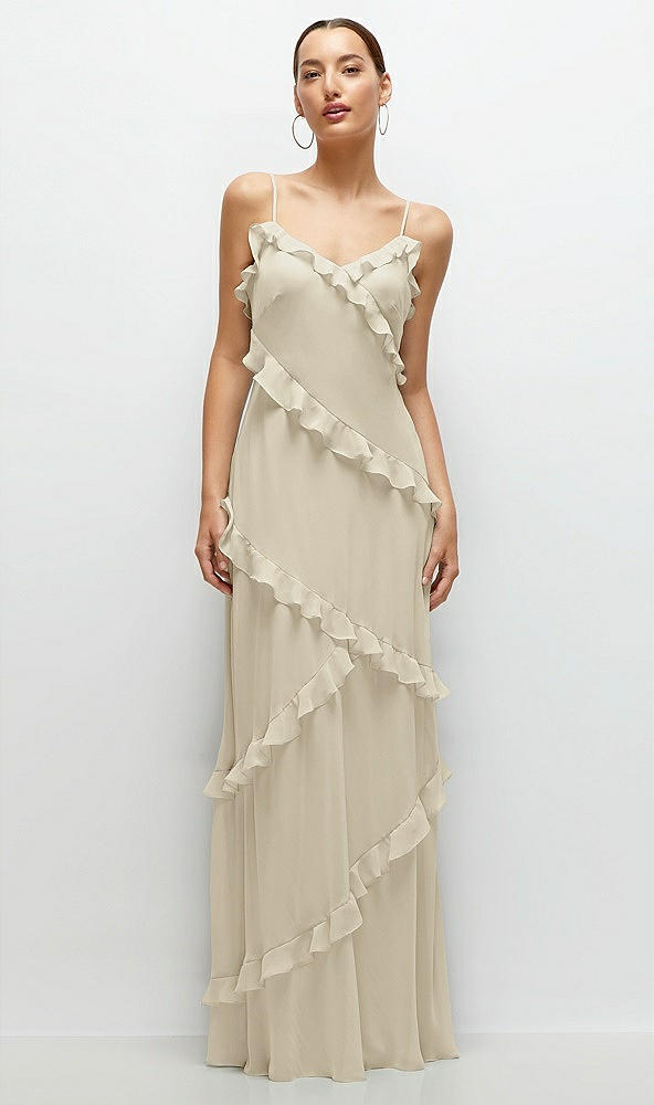 Front View - Champagne Asymmertical Ruffle Chiffon Bias Slip Maxi Dress