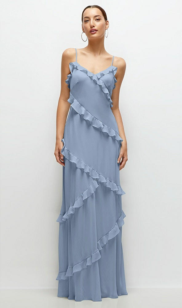 Front View - Cloudy Asymmertical Ruffle Chiffon Bias Slip Maxi Dress