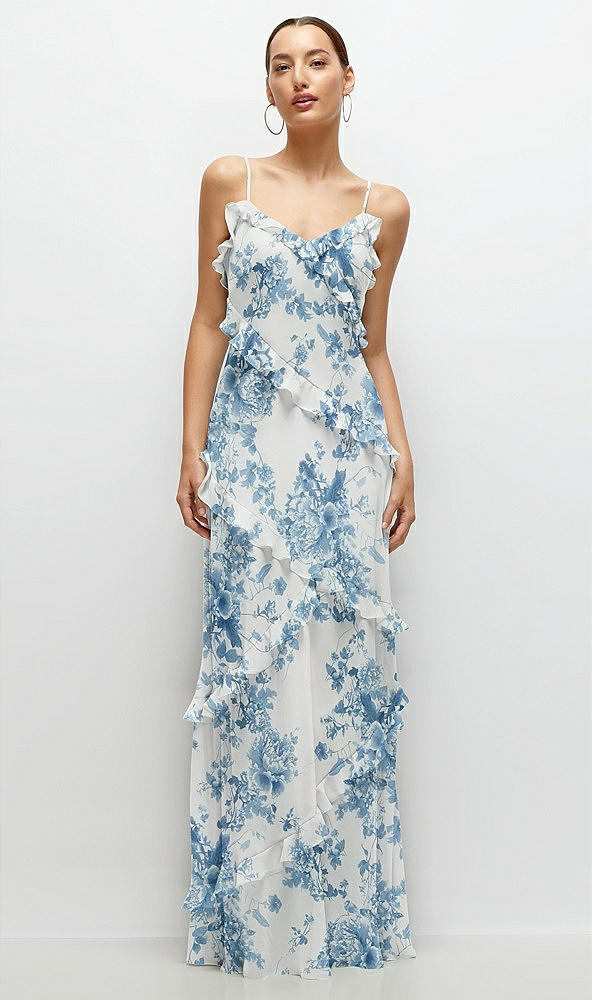 Front View - Cottage Rose Dusk Blue Asymmertical Ruffle Chiffon Bias Slip Maxi Dress