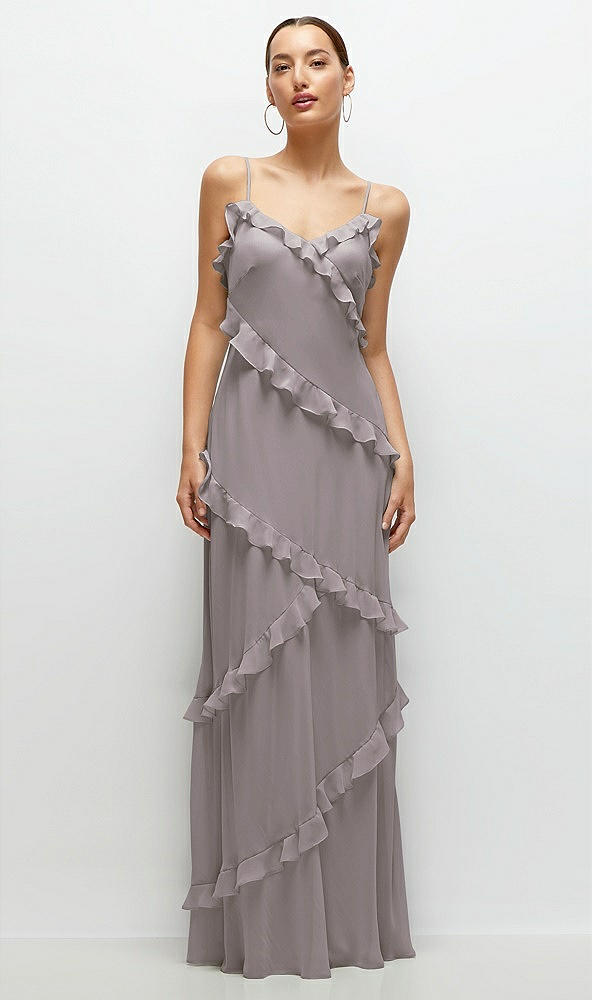 Front View - Cashmere Gray Asymmertical Ruffle Chiffon Bias Slip Maxi Dress