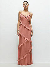 Front View Thumbnail - Desert Rose Asymmertical Ruffle Chiffon Bias Slip Maxi Dress