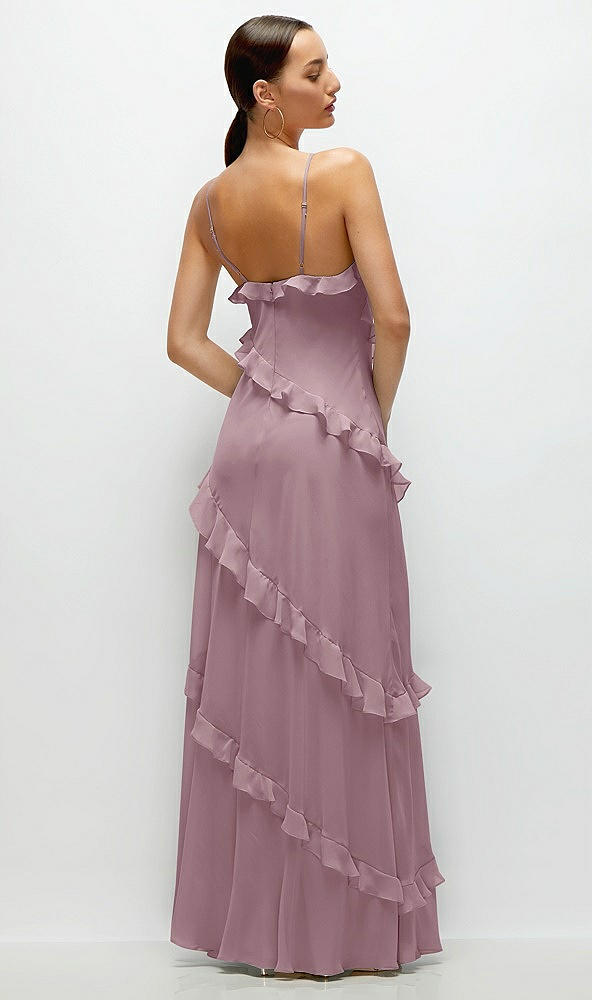 Back View - Dusty Rose Asymmertical Ruffle Chiffon Bias Slip Maxi Dress