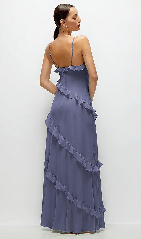 Back View - French Blue Asymmertical Ruffle Chiffon Bias Slip Maxi Dress