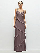 Front View Thumbnail - French Truffle Asymmertical Ruffle Chiffon Bias Slip Maxi Dress