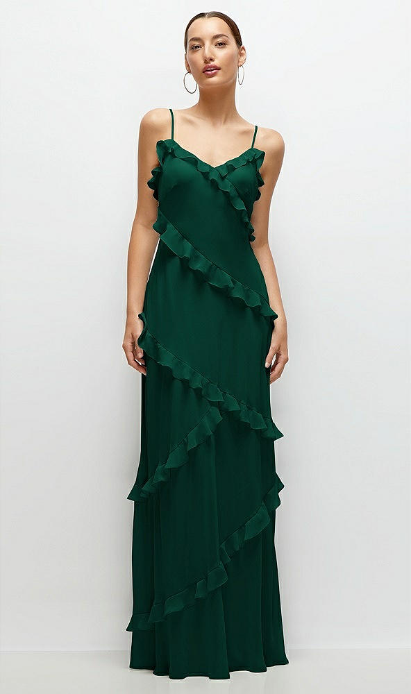 Front View - Hunter Green Asymmertical Ruffle Chiffon Bias Slip Maxi Dress