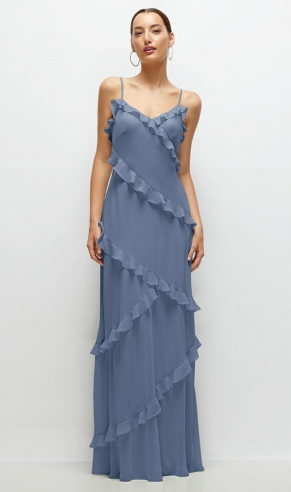 Front View - Larkspur Blue Asymmertical Ruffle Chiffon Bias Slip Maxi Dress