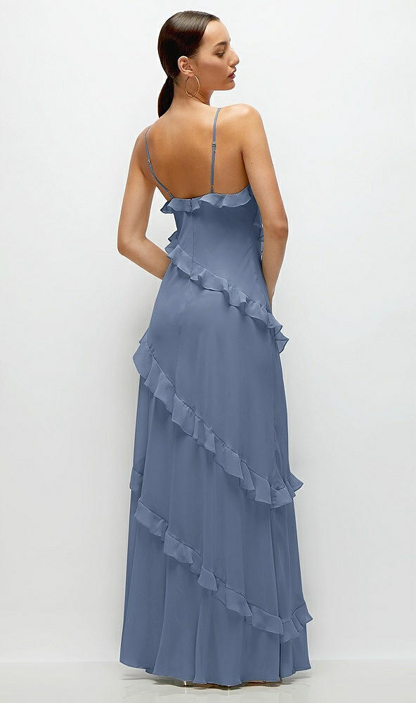 Back View - Larkspur Blue Asymmertical Ruffle Chiffon Bias Slip Maxi Dress