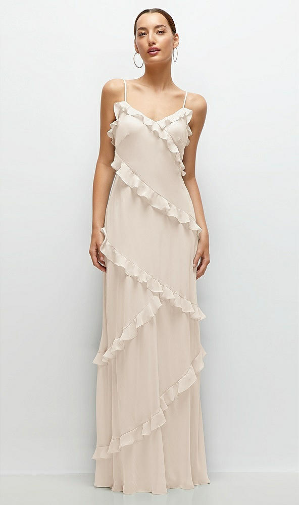 Front View - Oat Asymmertical Ruffle Chiffon Bias Slip Maxi Dress