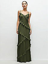 Front View Thumbnail - Olive Green Asymmertical Ruffle Chiffon Bias Slip Maxi Dress