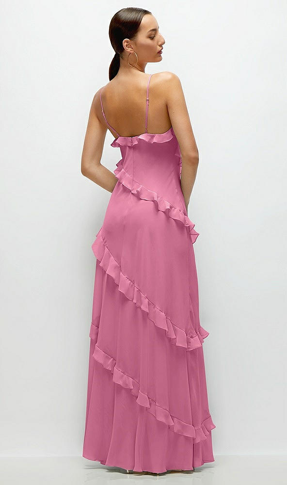 Back View - Orchid Pink Asymmertical Ruffle Chiffon Bias Slip Maxi Dress