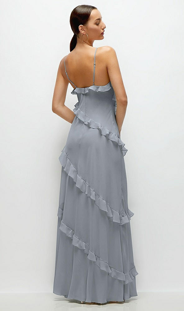 Back View - Platinum Asymmertical Ruffle Chiffon Bias Slip Maxi Dress