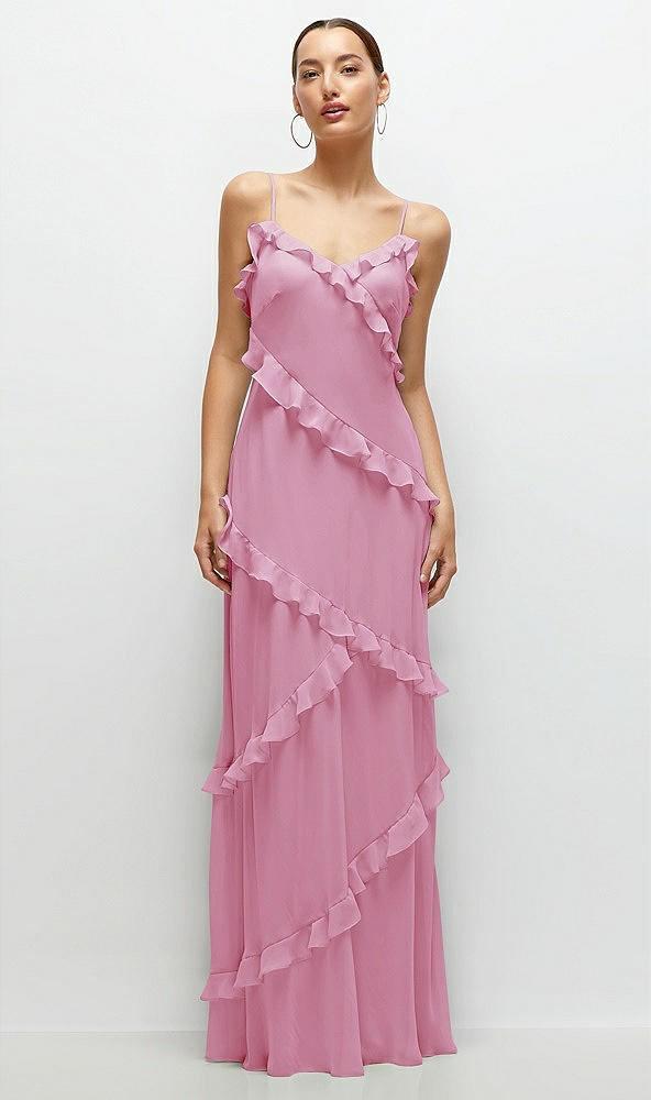 Front View - Powder Pink Asymmertical Ruffle Chiffon Bias Slip Maxi Dress