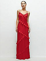 Front View Thumbnail - Parisian Red Asymmertical Ruffle Chiffon Bias Slip Maxi Dress