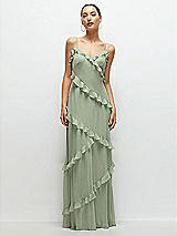 Front View Thumbnail - Sage Asymmertical Ruffle Chiffon Bias Slip Maxi Dress