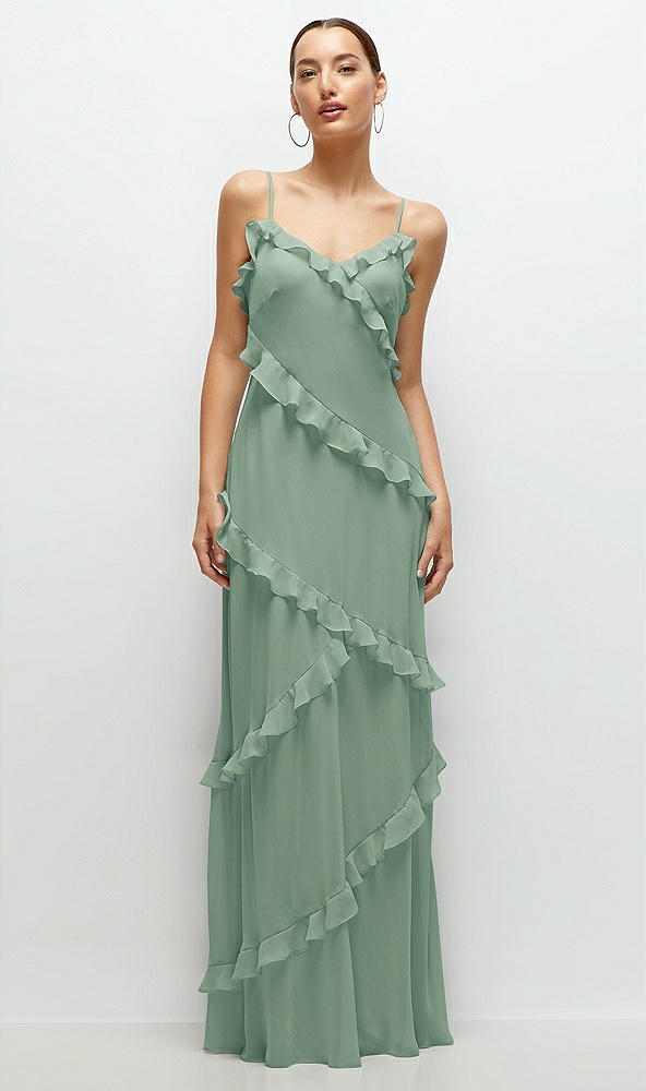 Front View - Seagrass Asymmertical Ruffle Chiffon Bias Slip Maxi Dress