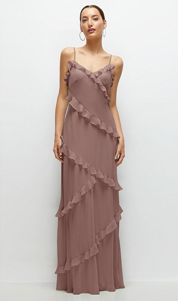 Front View - Sienna Asymmertical Ruffle Chiffon Bias Slip Maxi Dress