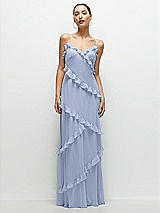 Front View Thumbnail - Sky Blue Asymmertical Ruffle Chiffon Bias Slip Maxi Dress