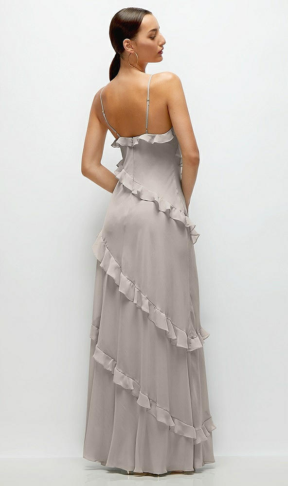 Back View - Taupe Asymmertical Ruffle Chiffon Bias Slip Maxi Dress