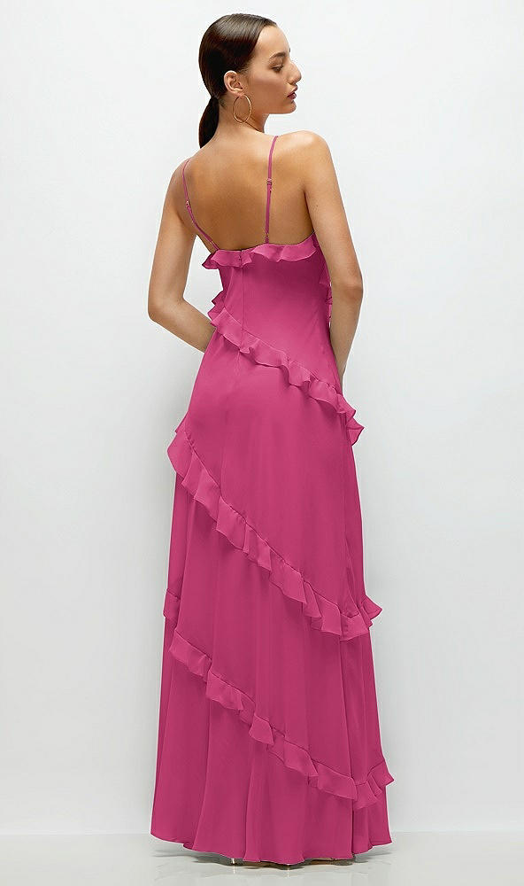 Back View - Tea Rose Asymmertical Ruffle Chiffon Bias Slip Maxi Dress