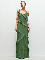 Front View Thumbnail - Vineyard Green Asymmertical Ruffle Chiffon Bias Slip Maxi Dress