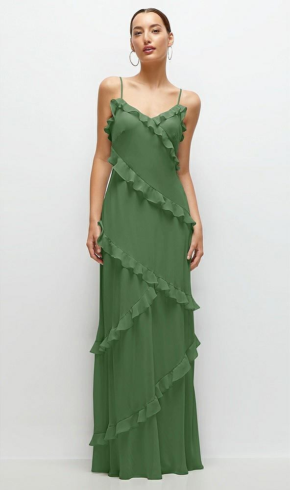 Front View - Vineyard Green Asymmertical Ruffle Chiffon Bias Slip Maxi Dress