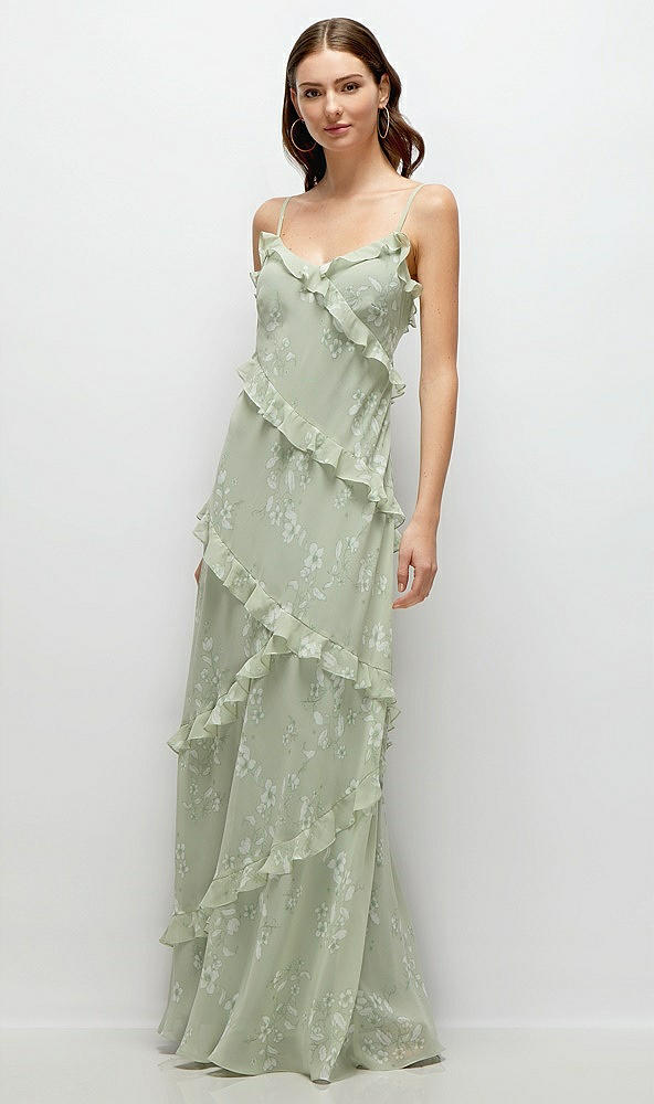 Front View - Vintage Primrose Sage Asymmertical Ruffle Chiffon Bias Slip Maxi Dress