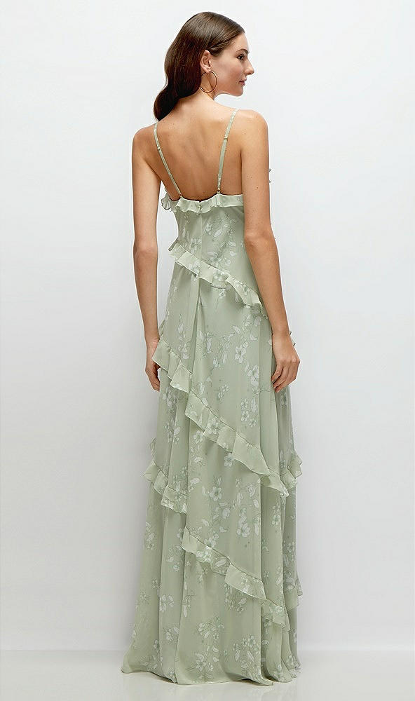 Back View - Vintage Primrose Sage Asymmertical Ruffle Chiffon Bias Slip Maxi Dress