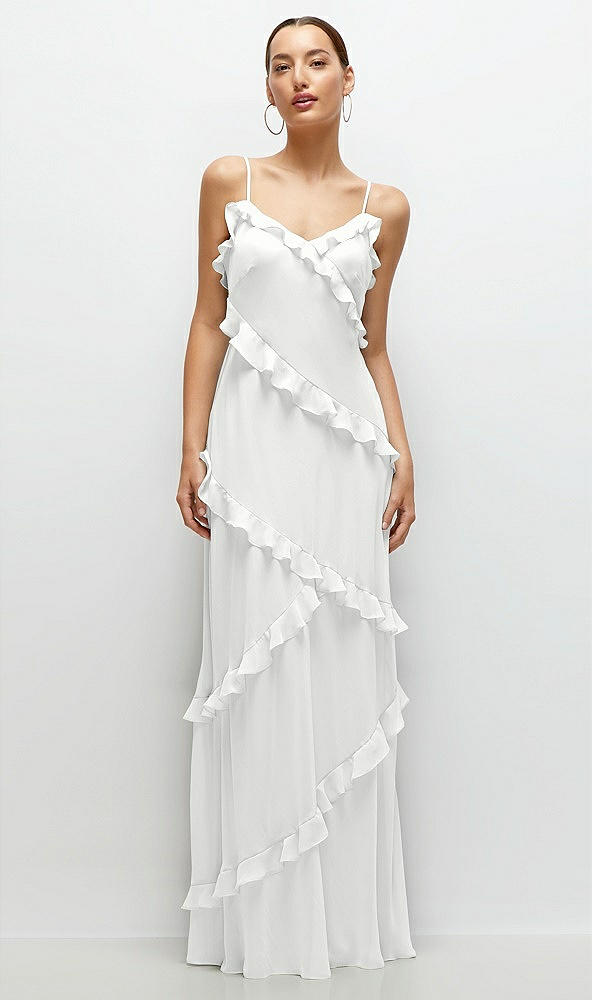 Front View - White Asymmertical Ruffle Chiffon Bias Slip Maxi Dress