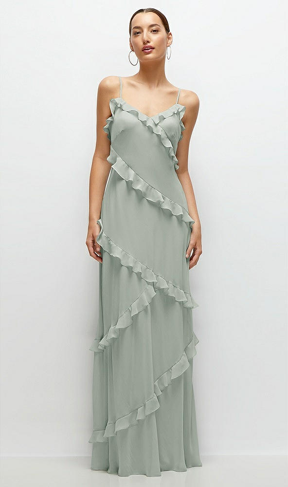 Front View - Willow Green Asymmertical Ruffle Chiffon Bias Slip Maxi Dress