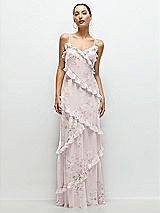 Front View Thumbnail - Watercolor Print Asymmertical Ruffle Chiffon Bias Slip Maxi Dress