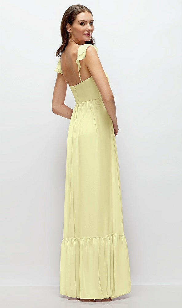 Back View - Butter Yellow Ruffle Strap Chiffon Bustier Maxi Dress with Ruffle Hem A-Line Skirt