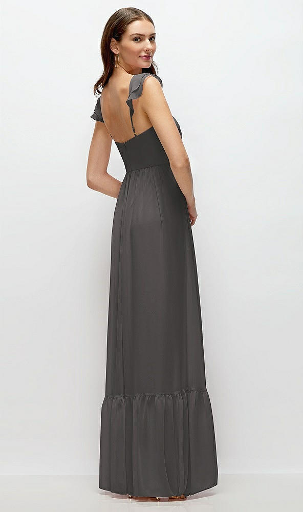 Back View - Caviar Gray Ruffle Strap Chiffon Bustier Maxi Dress with Ruffle Hem A-Line Skirt