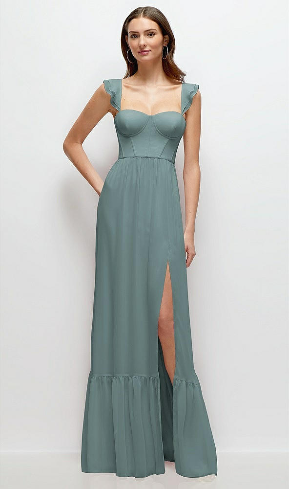 Front View - Icelandic Ruffle Strap Chiffon Bustier Maxi Dress with Ruffle Hem A-Line Skirt