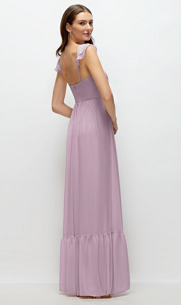 Back View - Suede Rose Ruffle Strap Chiffon Bustier Maxi Dress with Ruffle Hem A-Line Skirt